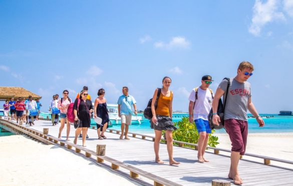 Tourists arrive at a resort in the Maldives