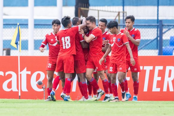 Nepal players celebrate their goal against Pakistan in the SAFF Championship on Tuesday (Photo: SAFF)