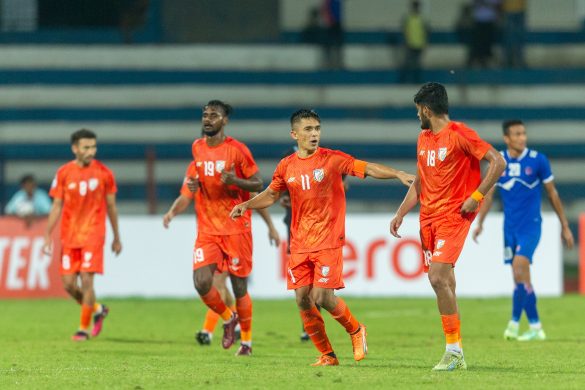 Indian football team captain Sunil Chhetri instructing a player during their match against Nepal on Saturday (Photo: Facebook/SAFF)