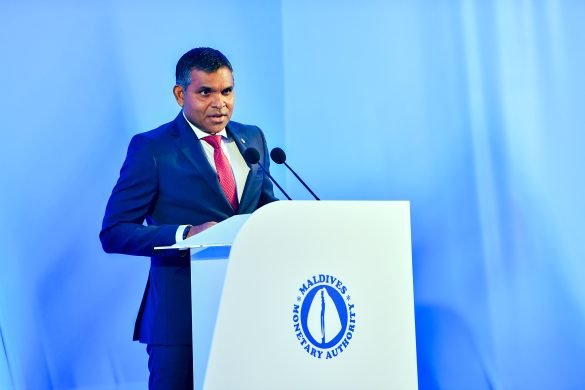 Vice President Faisal Naseem speaks at the launch of the Maldives Monetary Authority's 'Favara' Instant Payment System (Photo: President's Office)