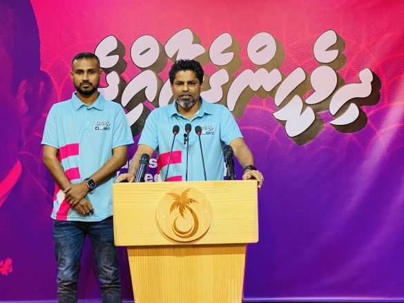 Mohamed Tholal, Spokesperson for PPM/PNC candidate, Dr Mohamed Muizzu, speaking at a press conference (Photo: PPM)