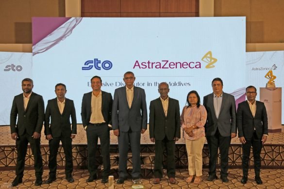 State Trading Organisation (STO) and AstraZeneca executives posing for a photo at the launching of AstraZeneca products in the Maldives (Photo: STO)