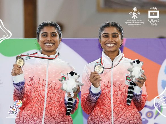 Fathimath Nabaaha Abdul Razzaq and Aminath Nabeeha Abdul Razzaq celebrate their gold medal win in the badminton women's double category at the IOIG 2023 in Madagascar. (Photo: Facebook/Maldives Olympic Committee)