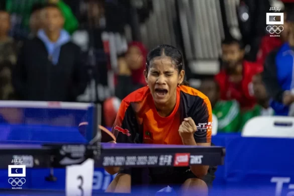 Dheema celebrates her win in the women's table tennis singles final at the Indian Ocean Island Games in Madgascar (Photo: Facebook/Maldives Olympic Committee)