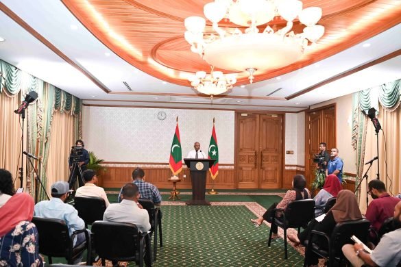 President Ibrahim Mohamed Solih speaks to reporters in his first press appearance since his electoral defeat on Saturday. (Photo: President's Office)