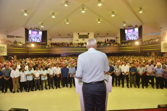 President-elect Dr Mohamed Muizzu addresses supporters at a rally held at the Social Centre in Male’ City on Monday to celebrate his election victory. (Photo: PPM)