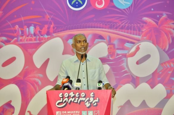 President-elect Dr Mohamed Muizzu addresses supporters at a rally held at the Social Centre in Male’ City on 2 October 2023 to celebrate his election victory. (Photo: PPM)