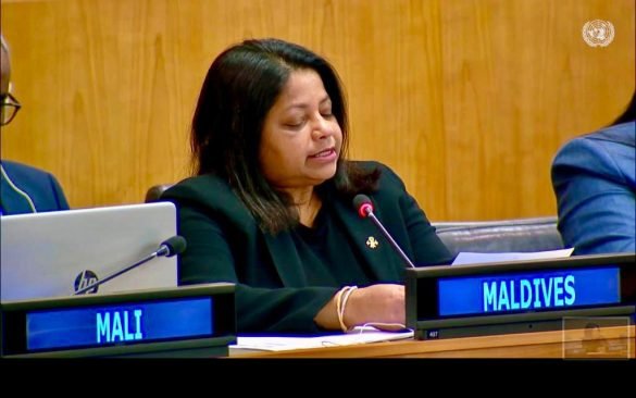 Hala Hameed, Bilateral Secretary at the Ministry of Foreign Affairs, speaks at a UN General Assembly committee meeting. (Photo: X/@MVPMNY)