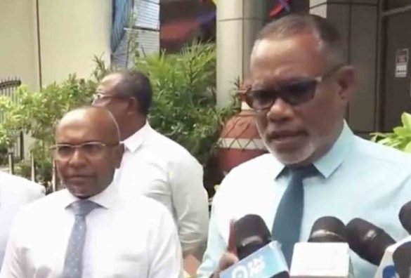 Abdul Raheem Abdulla, the Director General of Transition, and Hassan Latheef, Interim Chairman of The Democrats, speak with reporters after the discussions on Monday, 9 October 2023. (Screengrab/Raajje TV)