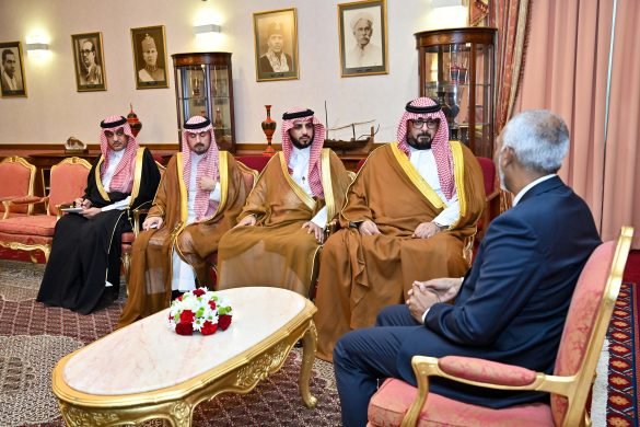 The Special Envoy from the King of Saudi Arabia, Minister of Economy and Planning of Saudi Arabia, Faisal bin Fadhil Alibrahim, meets President Mohamed Muizzu at the President’s Office on Saturday, 18 November 2023. | Photo: The President’s Office