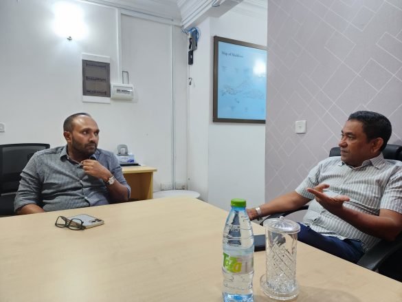 Former President Abdulla Yameen Abdul Gayoom with his lawyer and former Vice President Mohamed Jameel Ahmed at the PNF office on Sunday, 26 November 2023. | Photo: X/ @maleehjamal