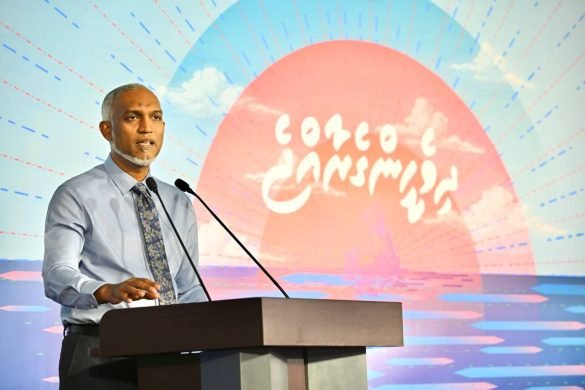 President-elect Mohamed Muizzu speaks during the 'Week 14' event held at Dharubaaruge in Male’ City on Wednesday, 15 November 2023, to unveil his first 100-day plan. (Photo: PPM)