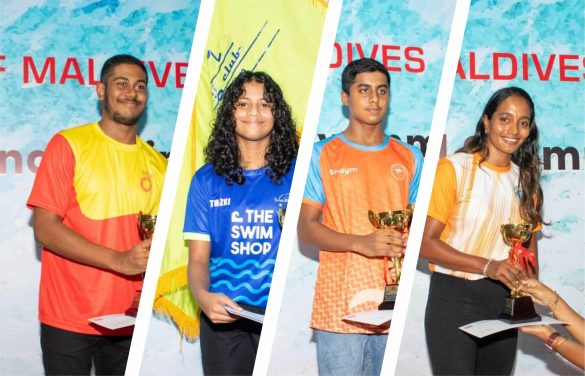 The winners of the junior and senior categories of the 47th National Swimming Competition, from left to right: Mohamed Rihan Shiham, Amna Thazkiyah Mirsaad, Shaym Hussain Ibrahim, and Aishath Sausan. (Photo: Swimming Association of Maldives)