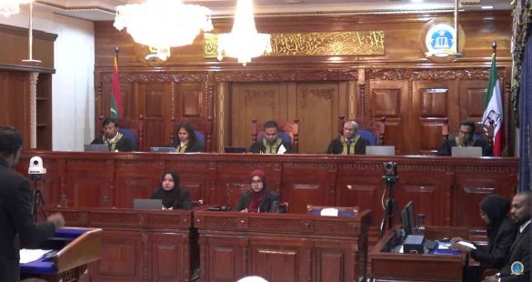 The five-judge Supreme Court bench during the first hearing of the petition on the current stalemate in Parliament. (Photo: Screengrab/Supreme Court of the Maldives)