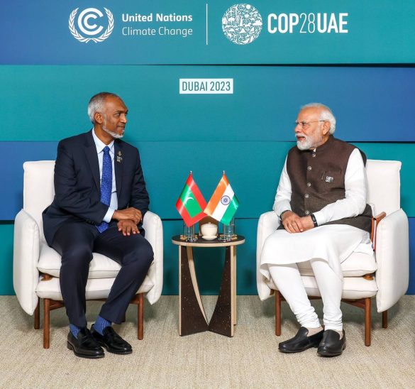 President Mohamed Muizzu meets Indian Prime Minister Narendra Modi on the sidelines of COP28 in Dubai, UAE, on Friday, 1 December 2023. | Photo: The President’s Office