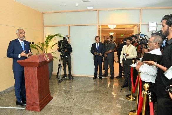 President Mohamed Muizzu speaks to the media at Velana International Airport (VIA) after after returning from his first official trip abroad on Sunday, 3 December 2023. | Photo: The President’s Office