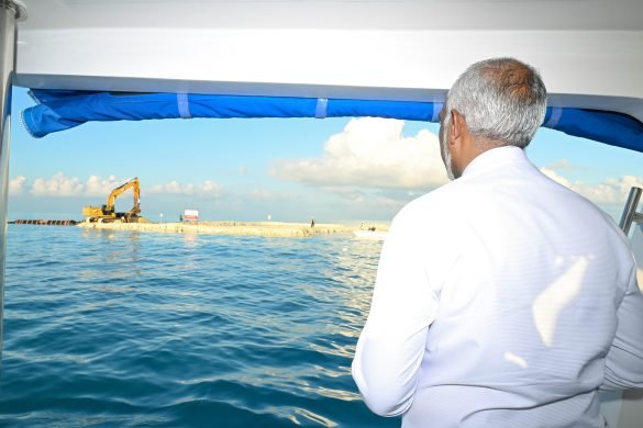 President Mohamed Muizzu inspects the reclamation works of the Fushidhiggaru land reclamation project on Monday, 18 December 2023. | Photo: President’s Office