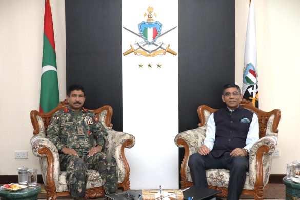 Chief of Defence Force Lt Gen Abdul Raheem Abdul Latheef meets Indian High Commissioner Munu Mahawar and Defence Advisor Capt Deepak Bali at the Integrated Headquarters of the Maldives National Defence Force (MNDF) on Monday, 25 December 2023. | Photo: X/@CDFofMNDF