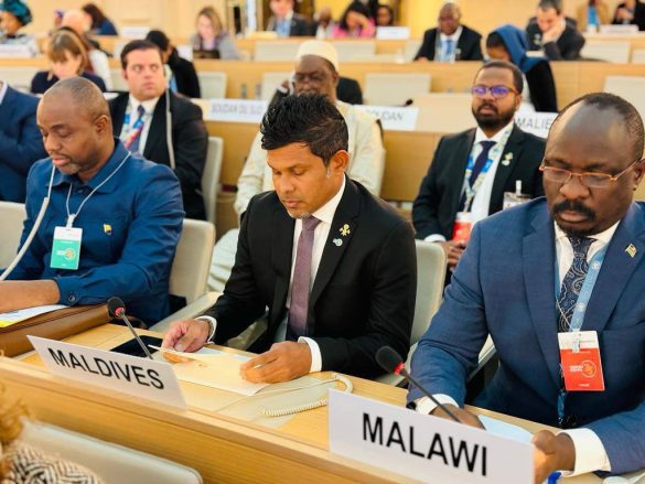 Vice President Hussain Mohamed Latheef (middle) delivers the Maldives' pledges during the pledging session of the high-level 'Human Rights 75' event held in Geneva, Switzerland, on Monday, December 11, 2023, marking the 75th anniversary of the Universal Declaration of Human Rights. | Photo: President’s Office